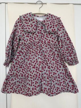 Zara Red and White Floral Long-Sleeve Dress with Peter Pan Collar